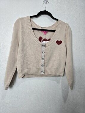 Vintage Betsey Johnson Cream Cropped Cardigan with Red Heart Appliqué
